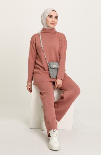 Triko Asimetrik Tunik Pantolon Ikili Takım 7300-02 Gül Kurusu
