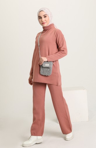 Triko Asimetrik Tunik Pantolon Ikili Takım 7300-02 Gül Kurusu