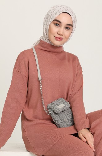 Triko Asimetrik Tunik Pantolon Ikili Takım 7300-02 Gül Kurusu