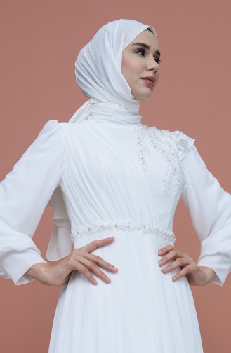 Ecru Hijab Evening Dress 3402-01
