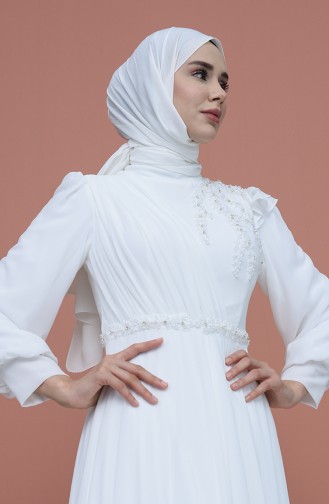 İşlemeli Şifon Tesettür Abiye Elbise 3402-01 Ekru