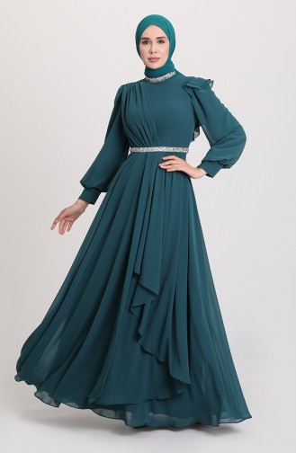 فساتين سهرة بتصميم اسلامي أزرق زيتي 4917-02