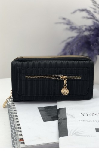 Kendinden Çizgili Fermuar Detaylı Büyük Cüzdan Bs 001440 Sıyah