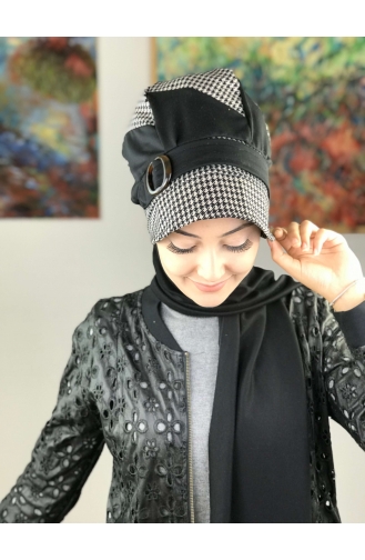 Çarkıfelek Kazayağı Tokalı Atkılı Şapka Türban 19AŞ12EKM-01 Siyah Sütlü kahve