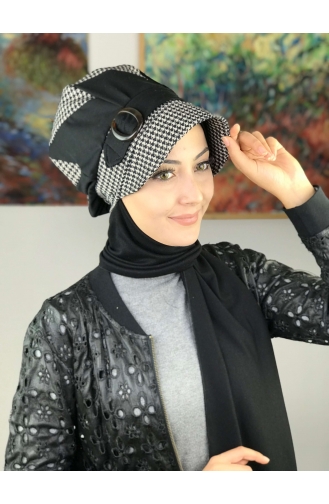 Çarkıfelek Kazayağı Tokalı Atkılı Şapka Türban 19AŞ12EKM-01 Siyah Sütlü kahve