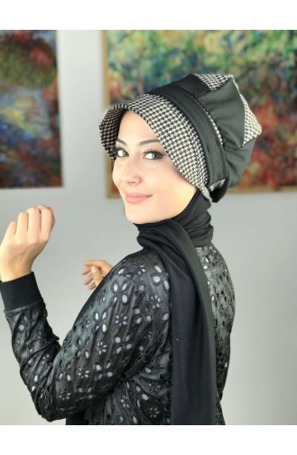 Çarkıfelek Kazayağı Tokalı Atkılı Şapka Türban 19AŞ12EKM-01 Siyah Sütlü kahve