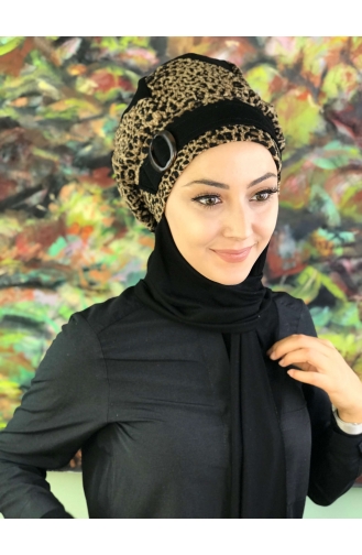Leopar Desenli Tesettür Tokalı Atkılı Bere BRŞL21EY7-01 Siyah Kahverengi