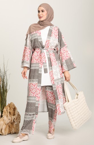 Desenli Kimono Pantolon İkili Takım 2204-05 Kırmızı