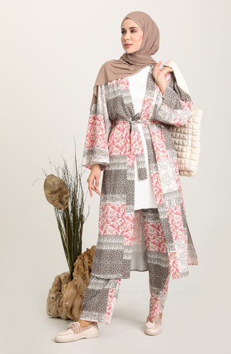 Desenli Kimono Pantolon İkili Takım 2204-05 Kırmızı
