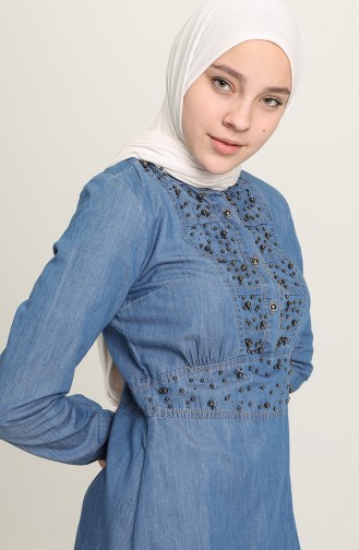 İncili Kot Elbise 9281-01 Kot Mavi