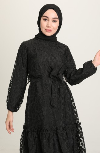 Organze Tül Desenli Elbise 21Y3000-03 Siyah