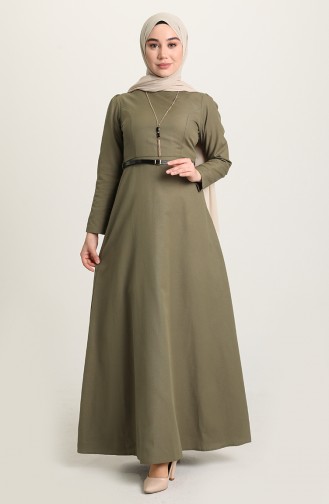 Dress with Belt and Necklace 6450-02 Khaki Green 6450-02