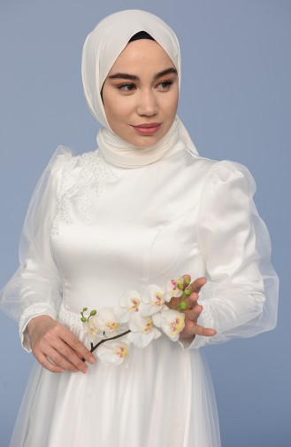 Ecru Hijab Evening Dress 3409-02