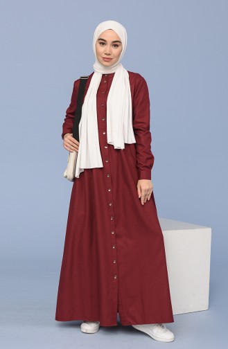 Doğal Kumaş Düğmeli Elbise 3307-03 Bordo