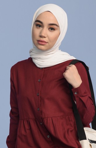 Doğal Kumaş Düğmeli Elbise 3307-03 Bordo