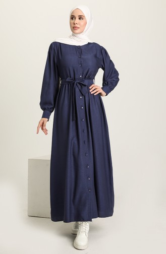 Boydan Düğmeli Kuşaklı Elbise 22K8522-03 İndigo