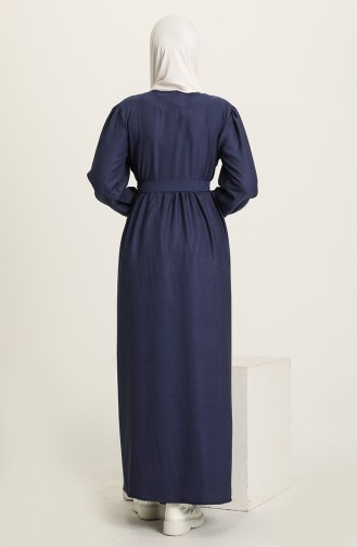 Boydan Düğmeli Kuşaklı Elbise 22K8522-03 İndigo