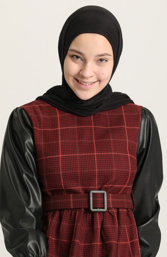 Kolları Deri Elbise 22K8529-04 Bordo