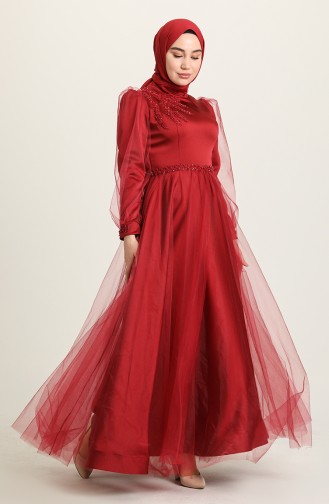 Claret Red Hijab Evening Dress 3409-01