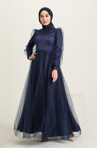 Navy Blue Hijab Evening Dress 3409-05