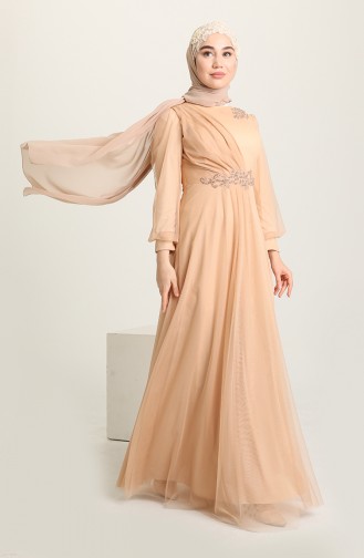 Beige Hijab Evening Dress 4857-06