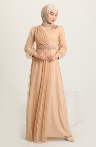 Beige Hijab Evening Dress 4857-06