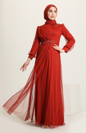 Brick Red Hijab Evening Dress 4857-07