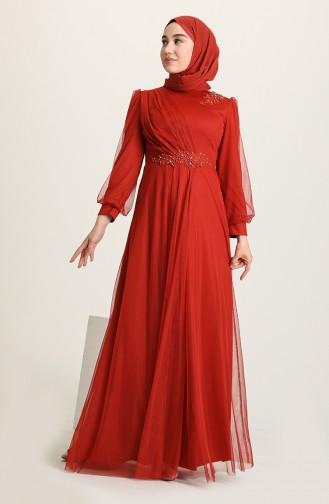 Brick Red Hijab Evening Dress 4857-07