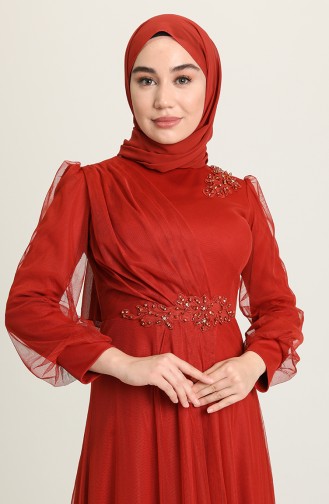 Brick Red Hijab Evening Dress 4857-07