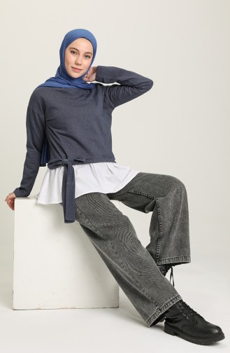 Gömlek Garnili Sweatshirt 3346-06 İndigo Beyaz