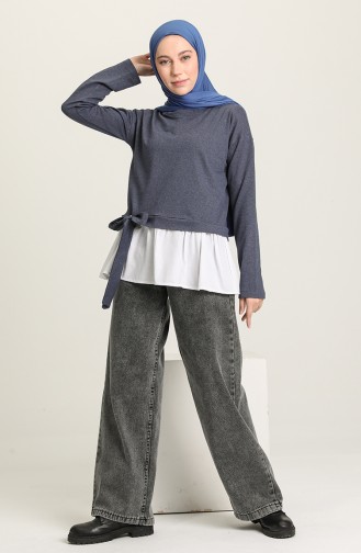 Gömlek Garnili Sweatshirt 3346-06 İndigo Beyaz