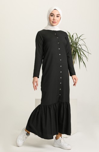 Eteği Büzgülü Düğmeli Elbise 3348-01 Siyah