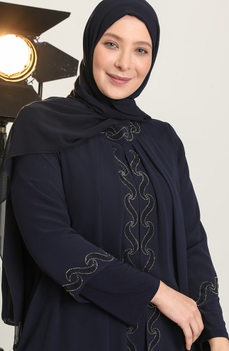 Navy Blue Hijab Evening Dress 6368-02