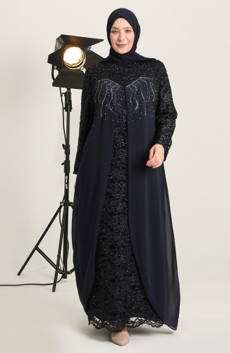 Navy Blue Hijab Evening Dress 6371-02