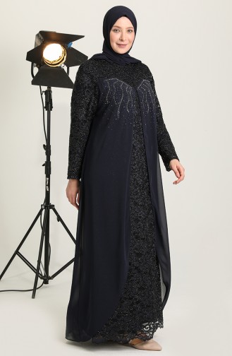 Navy Blue Hijab Evening Dress 6371-02