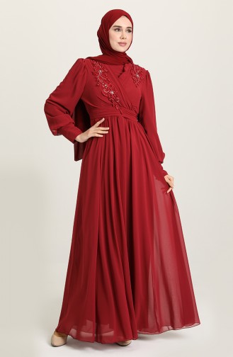 Claret Red Hijab Evening Dress 52796-01