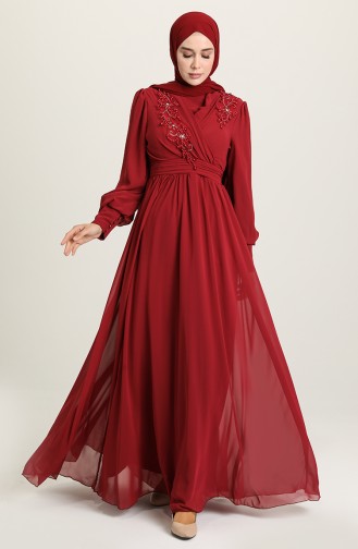 Claret Red Hijab Evening Dress 52796-01