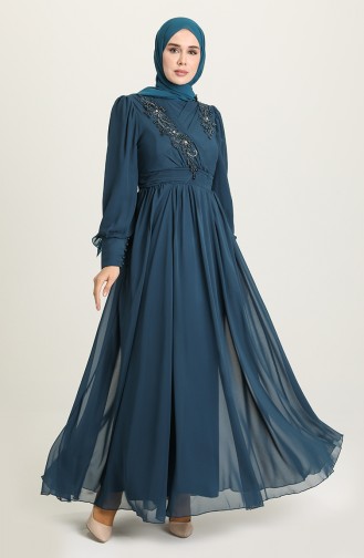 Petrol Hijab Evening Dress 52796-02