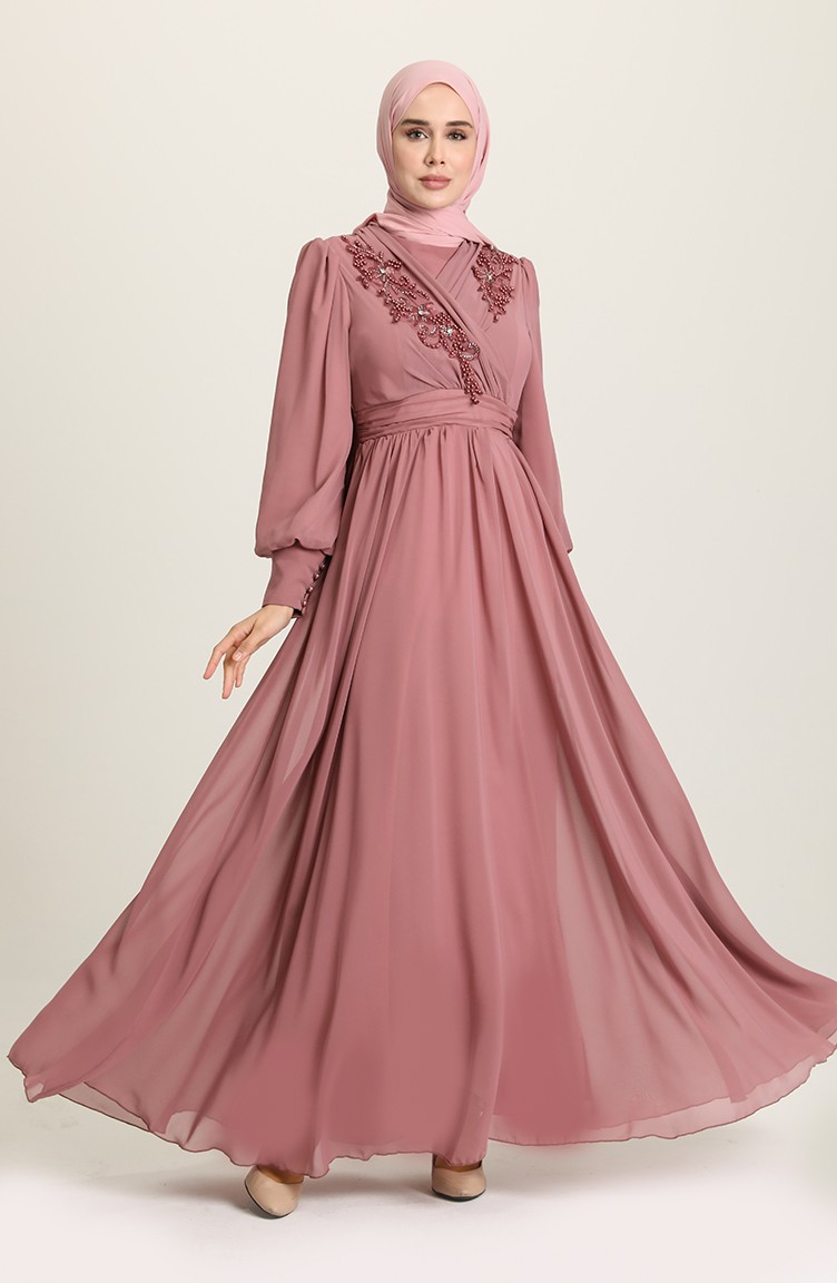 Powder Hijab Evening Dress 52796-03 | Sefamerve