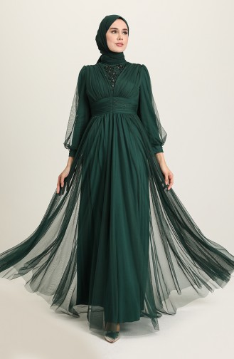 Emerald Green Hijab Evening Dress 3403-07