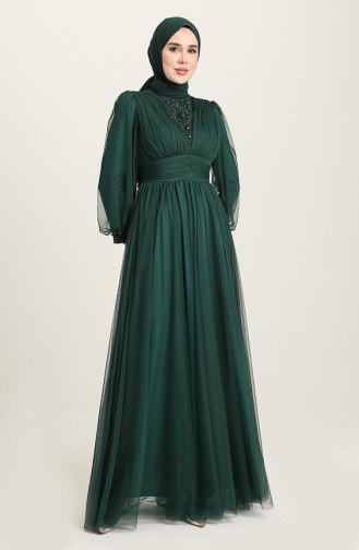 Emerald Green Hijab Evening Dress 3403-07