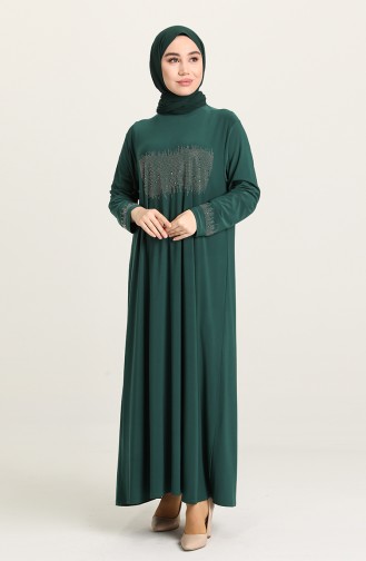 Taş Baskılı Elbise 2060-03 Zümrüt Yeşili