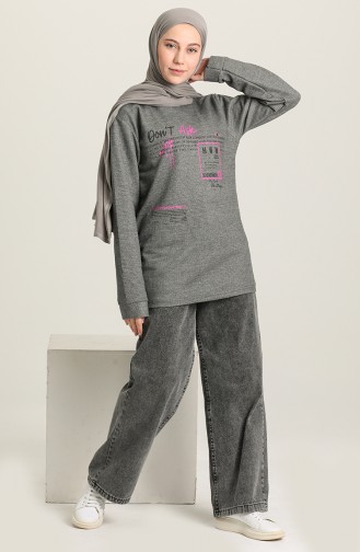 Yazı Desenli Sweatshirt 0104-08 Gri