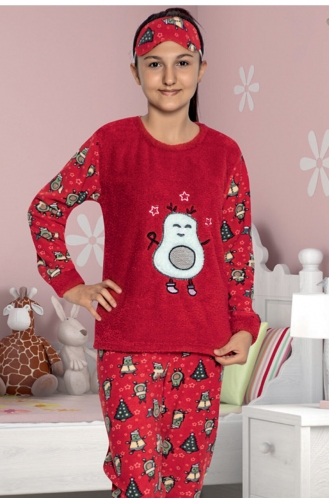 Kız Çocuk Peluş Baskılı Polar Pijama Takımı Tampap 0014 0014-01 Kırmızı
