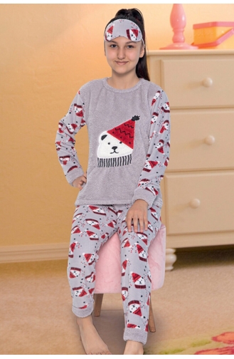 Kız Çocuk Peluş Baskılı Polar Pijama Takımı Tampap 3044 3044-01 Gri