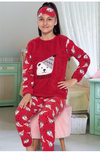 Kız Çocuk Peluş Baskılı Polar Pijama Takımı Tampap 3044 3044-02 Kırmızı
