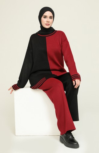 Triko Tunik Pantolon İkili Takım 4385-02 Siyah Bordo