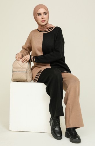 Triko Tunik Pantolon İkili Takım 4385-04 Siyah Camel