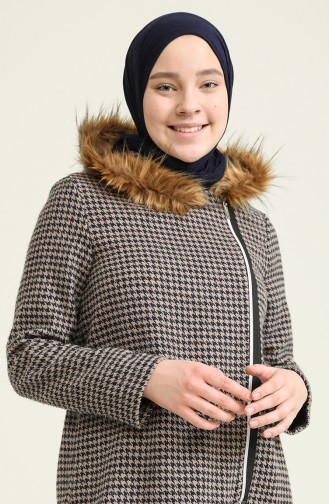 Kürklü Kapüşonlu Fermuarlı Kap 6902-05 Vizon