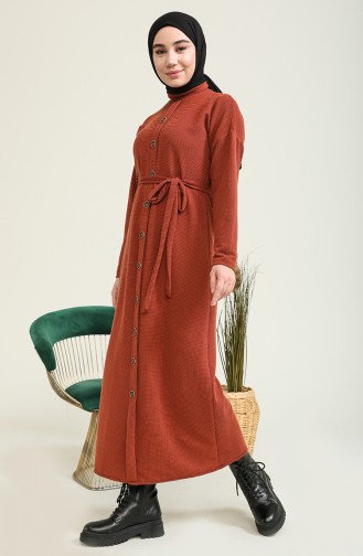 Boydan Düğmeli Kuşaklı Elbise 1001-05 Kiremit